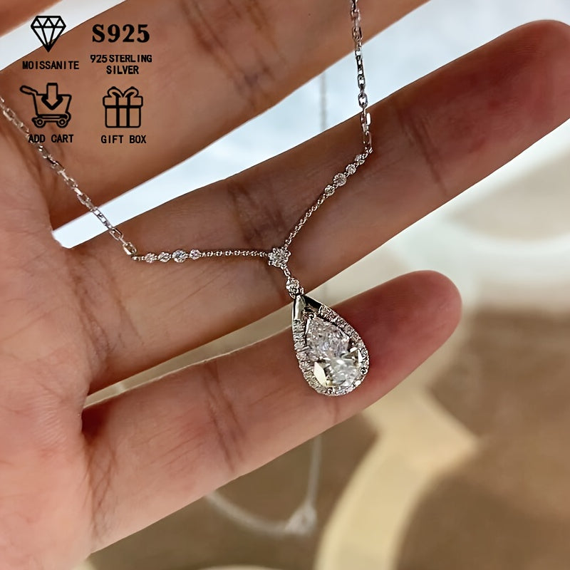 This elegant and dazzling necklace features a 3.6G hypoallergenic S925 silver chain adorned with a pear-shaped 2 carat Moissanite stone. The teardrop-shaped design is perfect for ladies, making it a stunning holiday gift. Presented in a luxurious