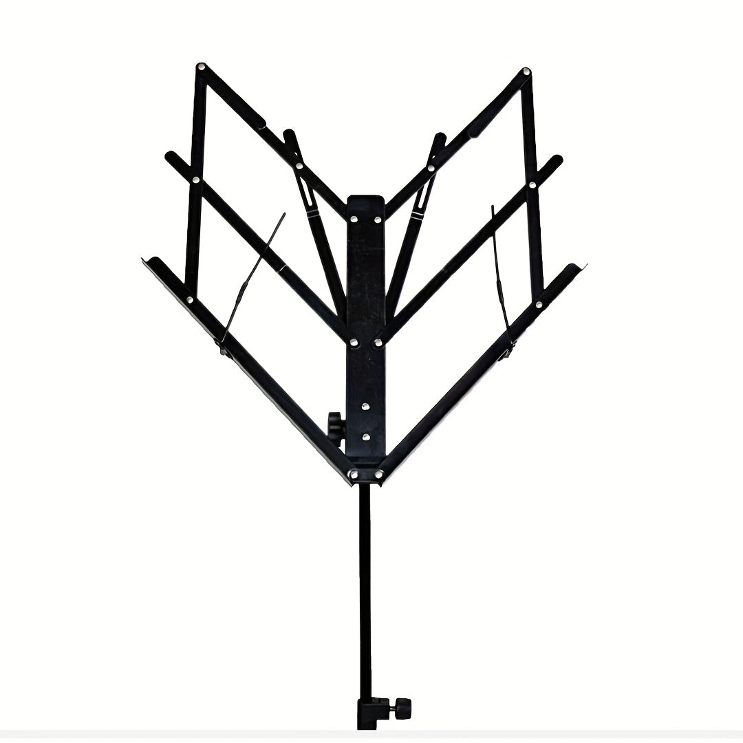 Adjustable height folding music stand made of alloy material, suitable for various instruments.