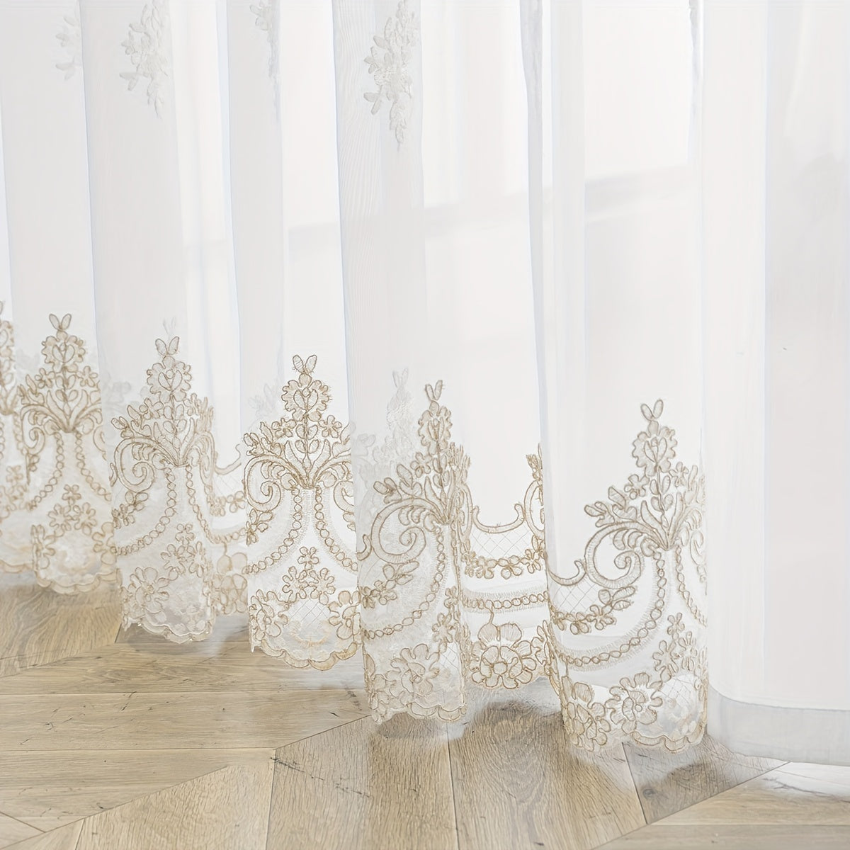 Beautiful French-style sheer curtain with delicate embroidery, featuring small flowers in a European design. This white translucent curtain is perfect for adding a touch of elegance to your living room or bedroom. Complete with a rod pocket for easy