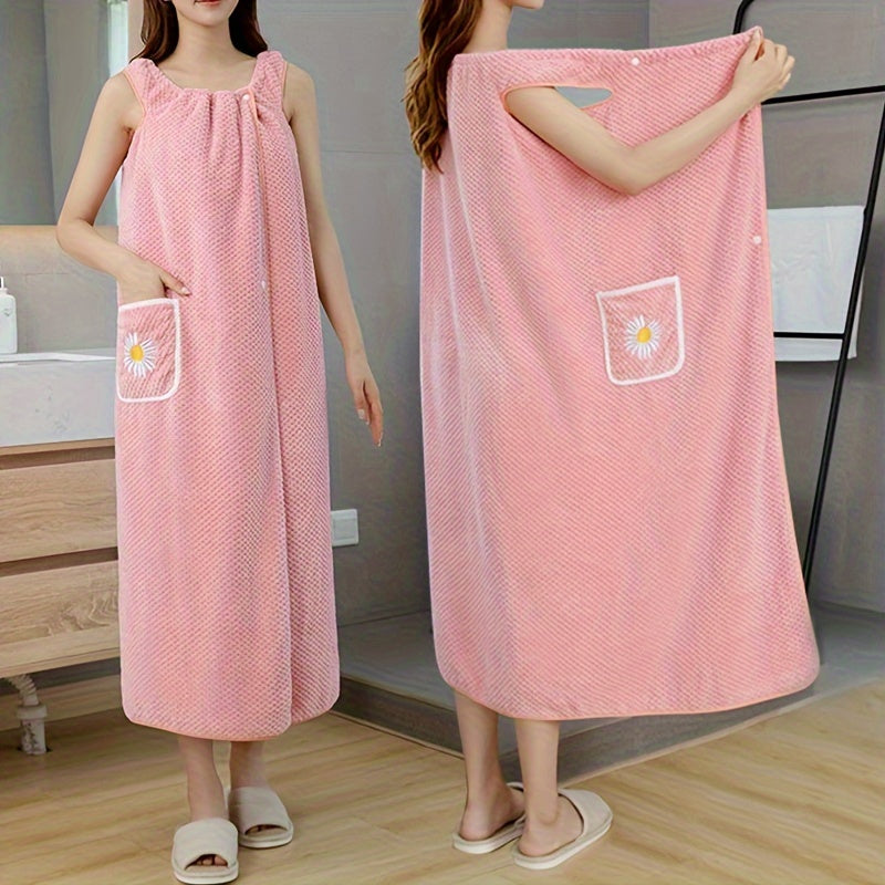 Large bath skirt doubles as adult towel, absorbs water without shedding hair, soft.