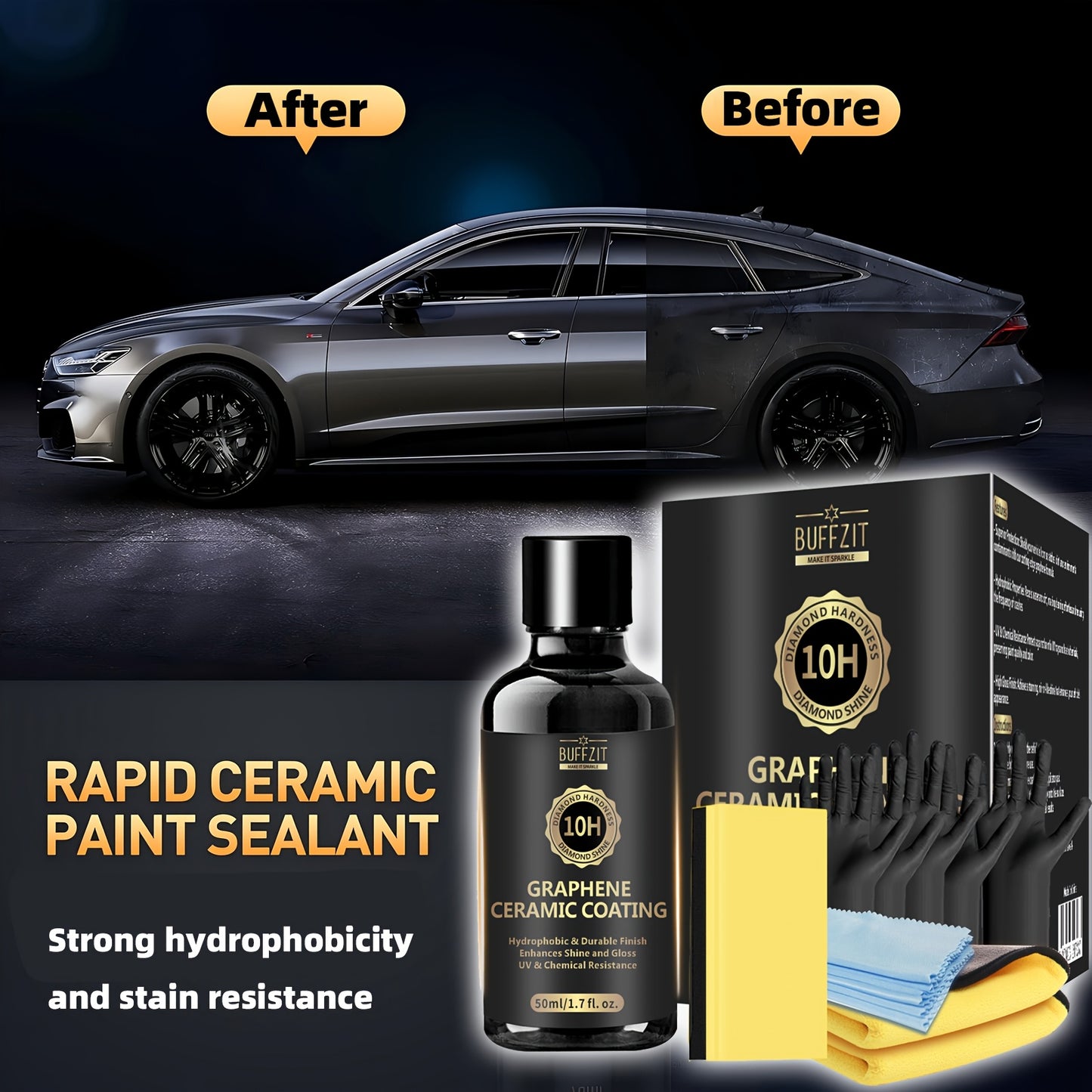 Graphene Ceramic Coating Wax for Cars Detailing Kit - 10H Surface Protection - Hydrophobic - High Shine Gloss - 50ml/1.7oz