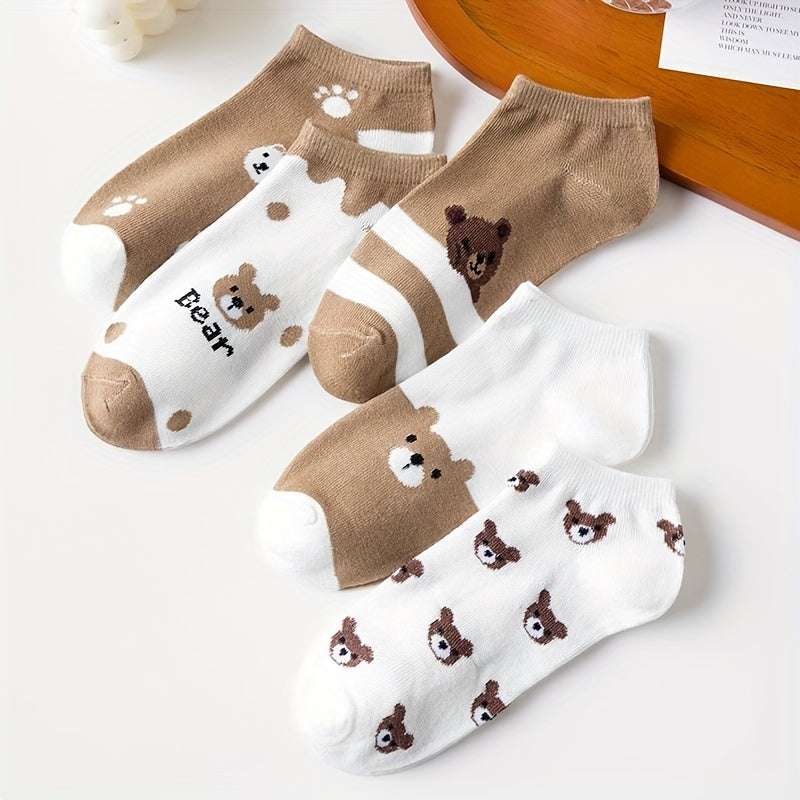 5 pairs of soft and lightweight low cut ankle socks with cartoon bear print for women.