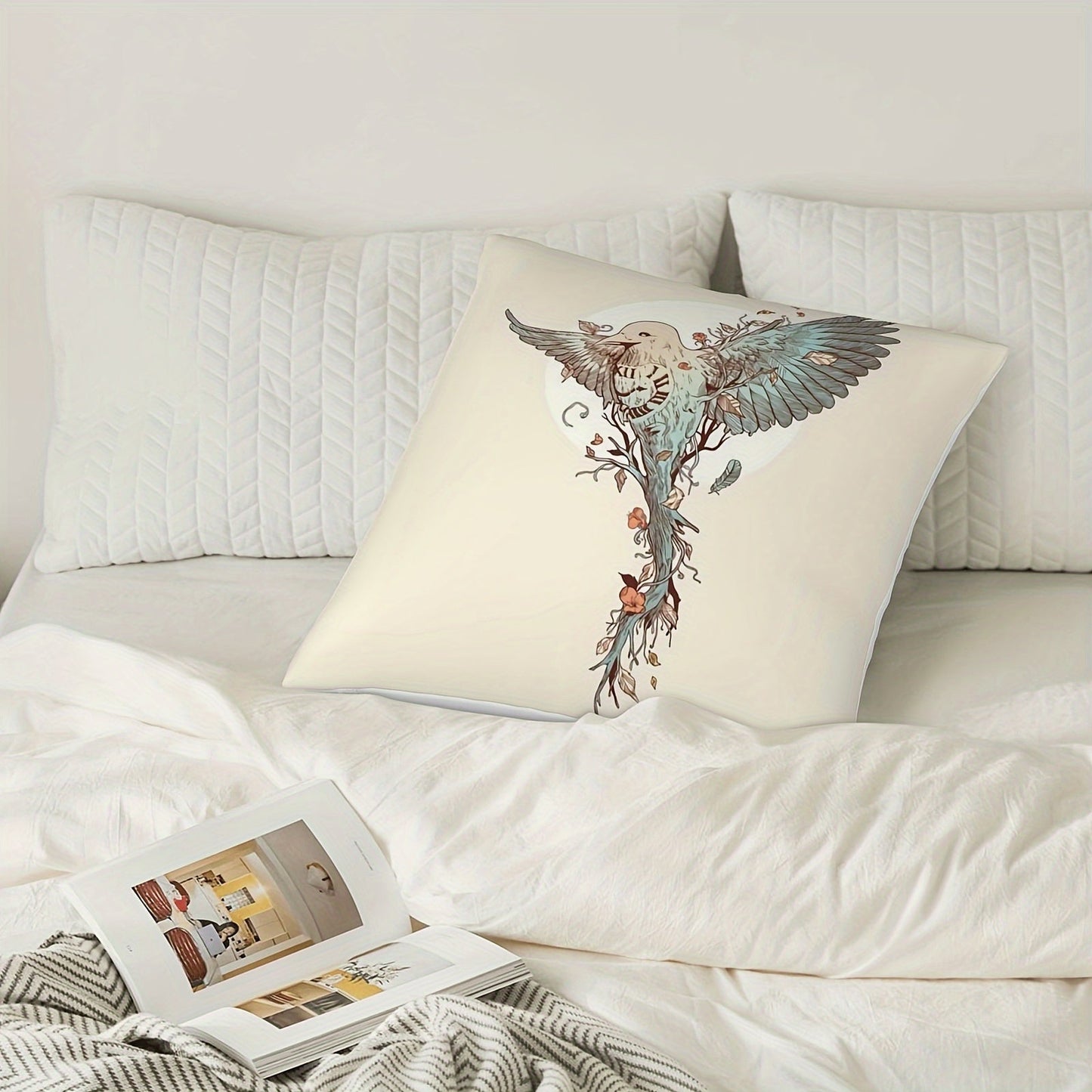 Modern Throw Pillow Cover in Timebird Style - Made of Polyester with Zipper Closure - Hand Washable, Woven Design, Suitable for Different Room Styles - Adds Elegance to Your Sofa or Bedroom (Pillow Sold Separately)