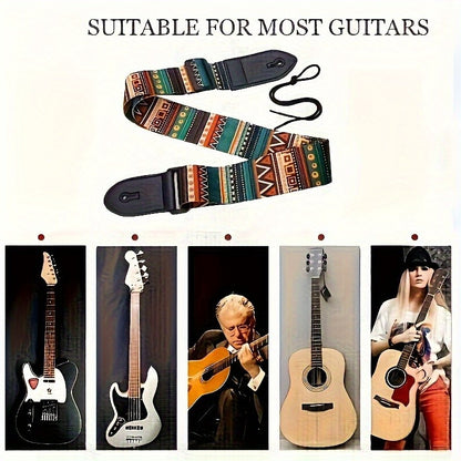 Bohemian Tribal Pattern Adjustable Guitar Strap made of faux leather and thick polyester, with secure locking system. Compatible with electric guitar, bass, and ukulele. Durable shoulder