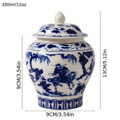 Blue and White Porcelain Tea Leaf Jar with Lid, 350ml/12oz, for storing black tea and pu'er tea.