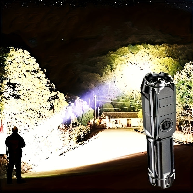 Powerful, compact LED flashlight with 3 modes, rechargeable and zoomable, for camping and emergencies