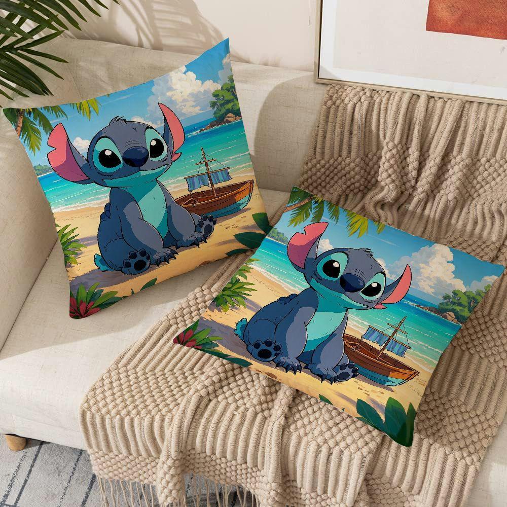 Two-pack of Disney Stitch beach scene throw pillow covers for both indoor and outdoor living room decor, featuring traditional style cushion cases.