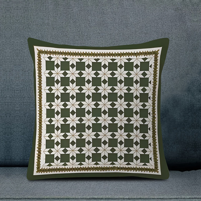 Chic geometric green throw pillow cover with charming design, 44.96x44.96cm in size. This reversible cover features a double-sided print and zipper closure for easy use. Made of machine-washable polyester, perfect for adding a touch of style to any room