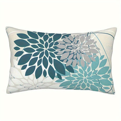 Teal Blue Decorative Pillow Covers - 30.48x50.8 cm, Modern Farmhouse Geometric Floral Design, Linen Square Case, Reversible, Machine Washable, Zipper Closure, Ideal for Couch, Bedroom, and Outdoor Use