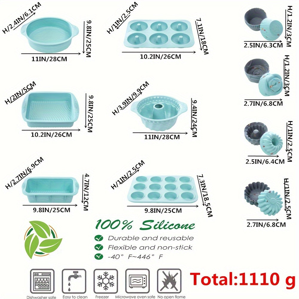 A 30-piece silicone kitchen baking supplies set includes nonstick silicone bakeware such as a baking pan, cake molds, baking sheet, donut pan, muffin pan, and cake pan, as well as a 24-pack of silicone cupcake mold baking cups.