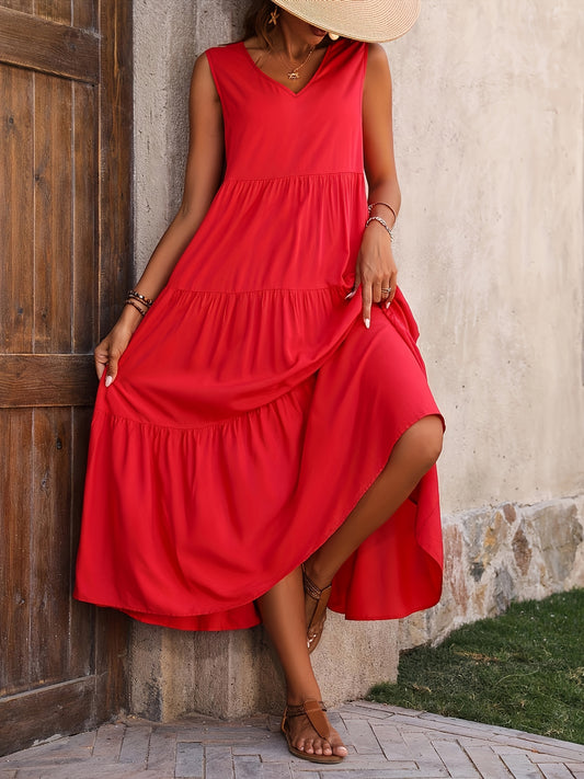 Loose V Neck Ruffle Hem Dress for Spring & Summer