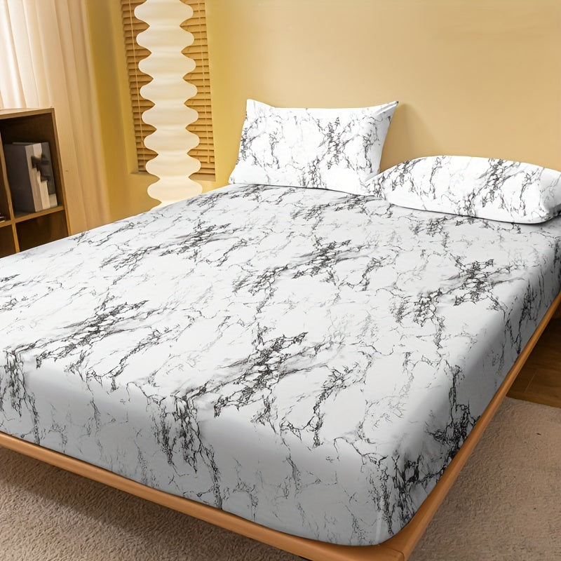 Get cozy with our 1 piece Brushed Fitted Sheet in a soft and comfortable marble print. This bedding essential is perfect for your bedroom, guest room, or any space needing a touch of luxury. Featuring deep pockets for a secure fit, this fitted sheet is