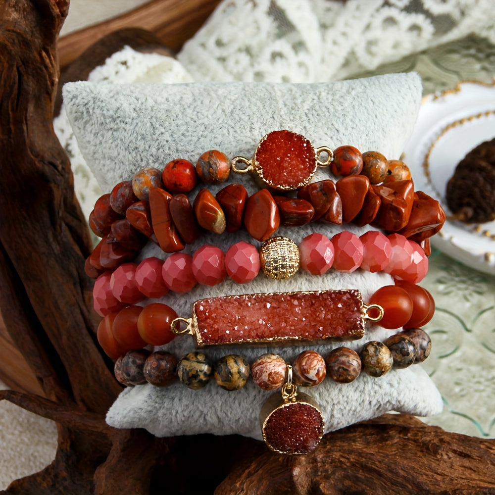 Set of 5 Bohemian Classic Beaded Bracelets featuring Natural Stone Druzy Gravel Glass, February Birthstone, Elastic Stackable design for Daily & Vacation Wear, accented with Synthetic Zirconia for a touch of elegance, perfect for all seasons.