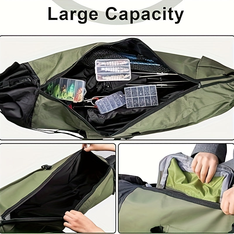 Durable, large waterproof green fishing rod bag with drawstring closure.