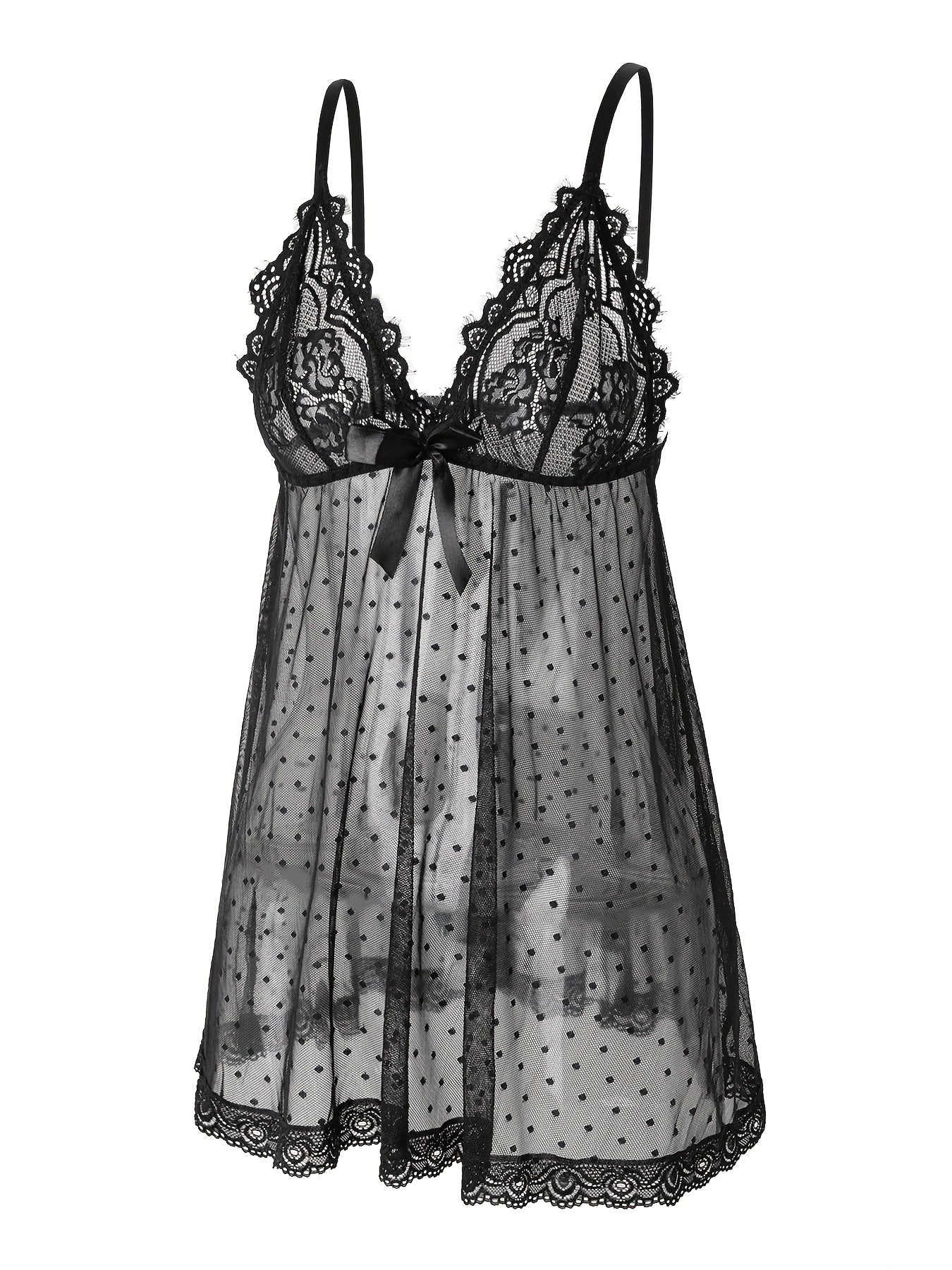 Women's lace nightgown with polka dot mesh slip and lace detail, cute babydoll sleepwear dress with bow, made of 95% polyester and 5% elastane knit fabric, no chest pad, lightweight adult nightwear - 40 g/m².