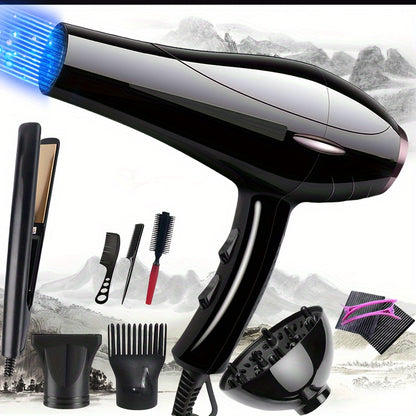 Salon-quality professional hair dryer set with straightener, European plug, includes diffuser, comb, hair clips, and brush. Features 2100W brush motor, 220V, non-folding plastic handle, and