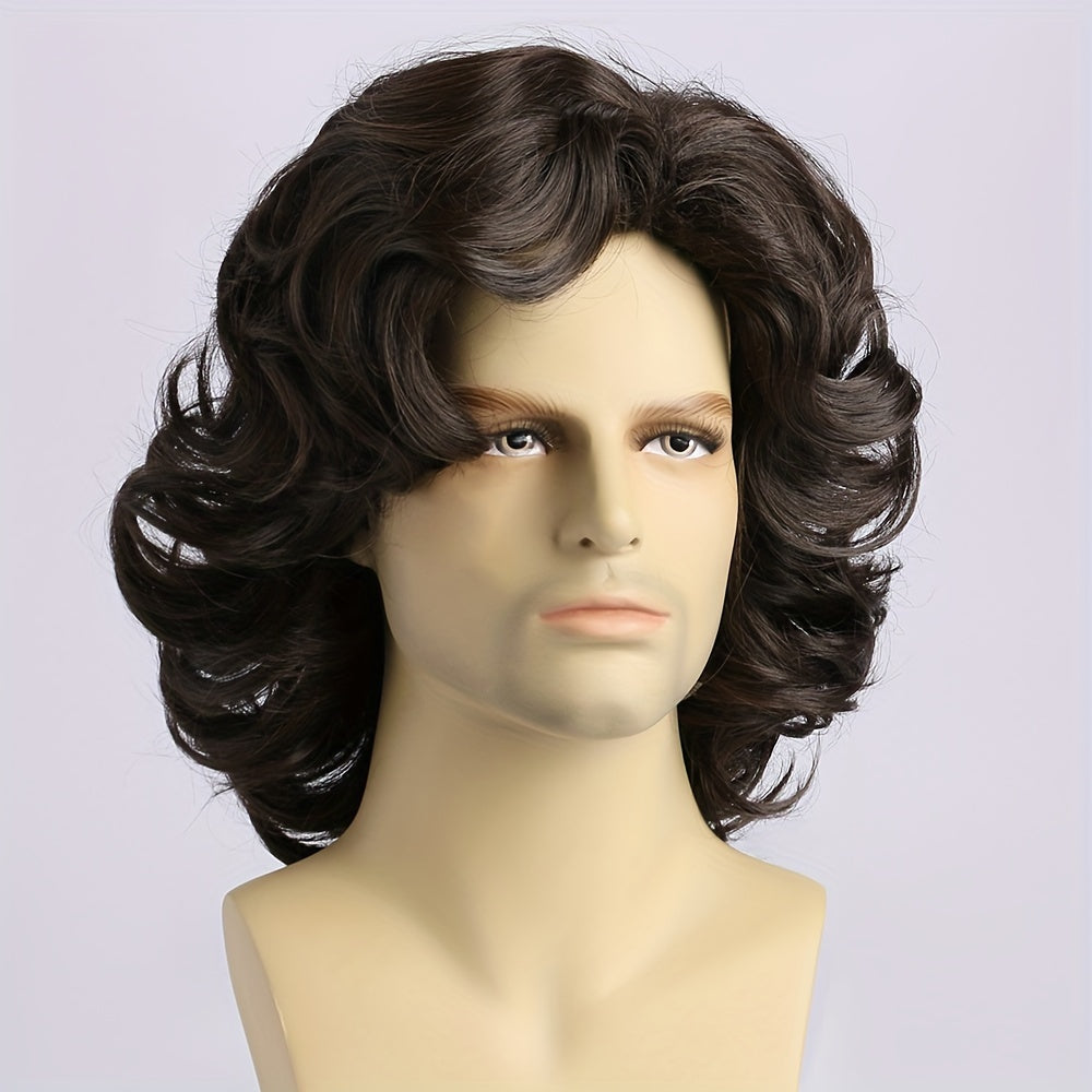 Get the perfect natural cool look with this men's fashion short curly deep brown wig! Measuring 35.56 cm in length, it is made from heat resistant synthetic fiber material and features side bangs. Suitable for daily wear, parties, Halloween costumes, and