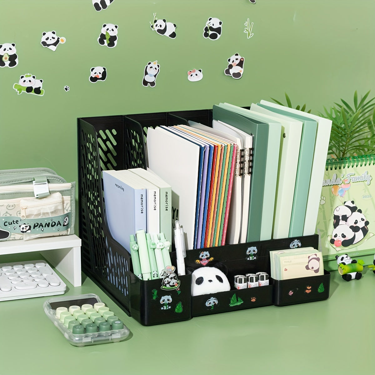 Desktop file organizer with panda theme, 4 slots and detachable tiered shelves for office storage. Made of PP material.