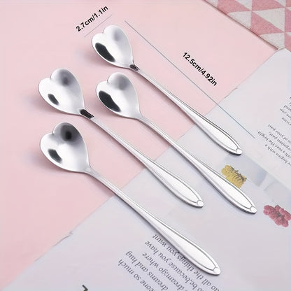 Heart-shaped stainless steel spoon set, perfect for holiday gatherings or everyday use in the kitchen or restaurant. Great for stirring desserts and coffee. Ideal for Christmas parties.