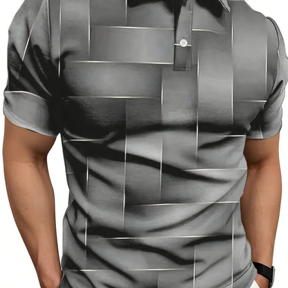 Men's stylish black and golden geometric print short sleeve shirt with button-up collar, digital printing, and made of a polyester blend for all-season wear. Ideal for casual golf