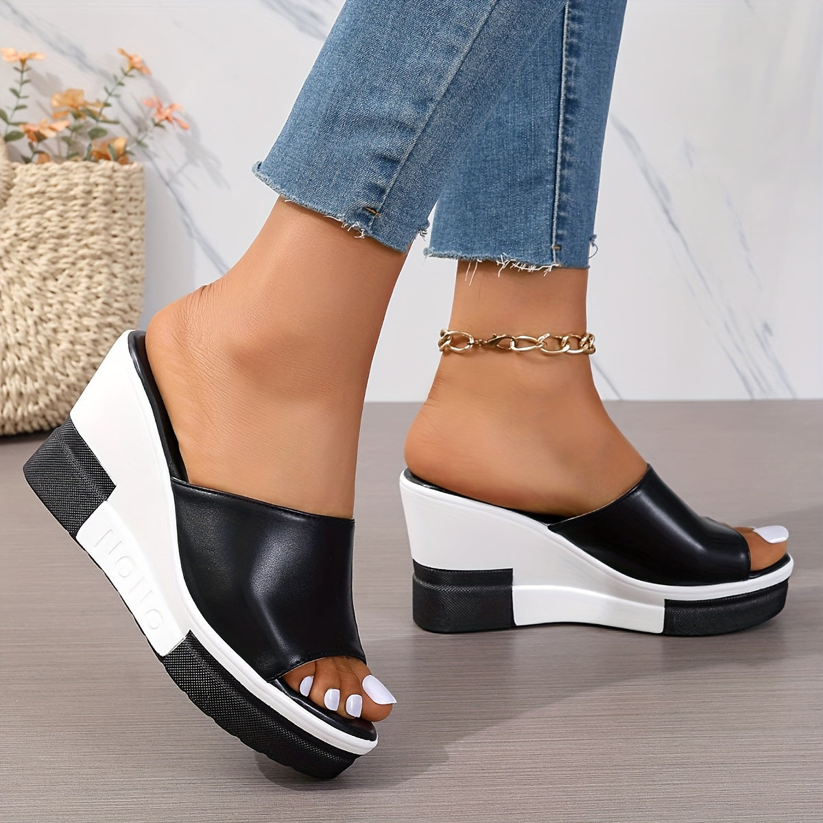 Summer wedge sandals for women with contrast peep toe and platform slide design for outdoor wear.