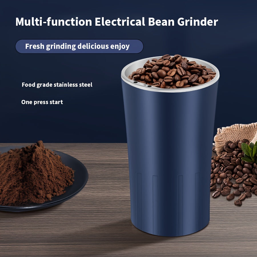 Compact electric coffee grinder with 80-gram capacity for dry grinding.