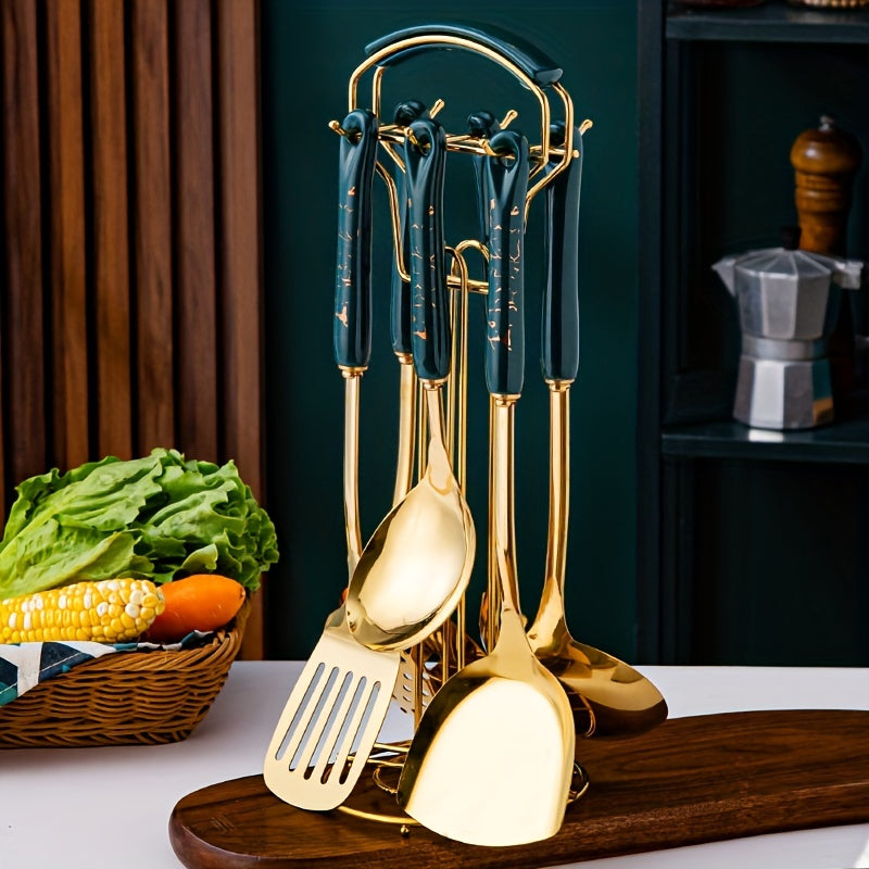 This kitchen utensils set includes seven pieces of Nordic light luxury kitchenware, consisting of a cooking shovel, spoon, ceramic-handled stainless steel spatula, and soup spoon. Perfect for parties, these kitchen supplies make great gifts for Christmas