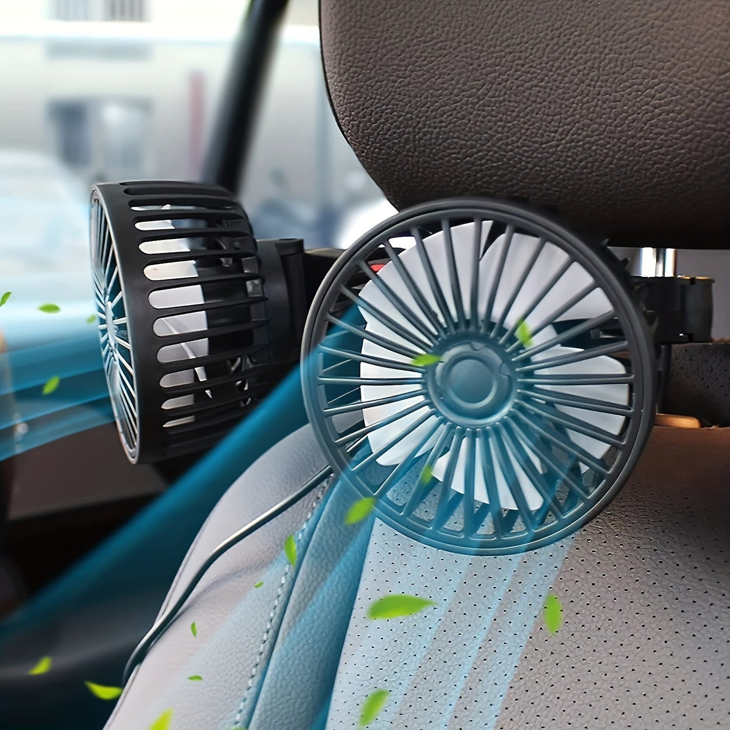 Car Fan for PCs, Small Air Conditioner for Cars, Dual-headed Rear Fan with Powerful Wind, 360° Rotation, High Airflow, Subwoofer Feature, Clip Mounting Base for Car or Home Use.