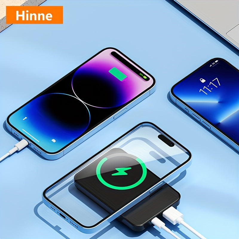 5000/10000mAh Hinne Mobile Power Bank with Super Fast Charge, Wireless Charging, LED Display, and Outdoor Emergency Backup.