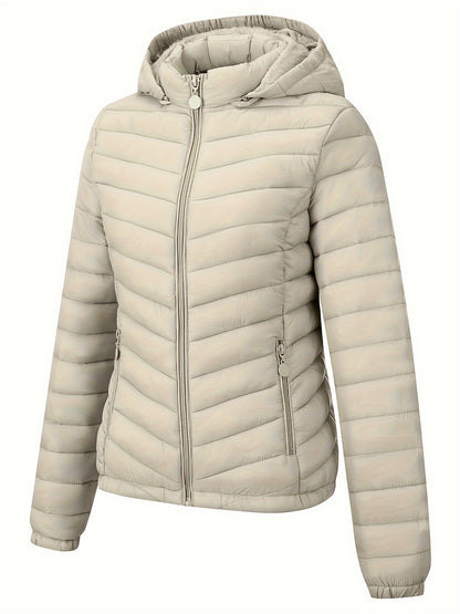 Zip-up Puffy Coat with Slant Pockets for Fall & Winter, Women's Clothing