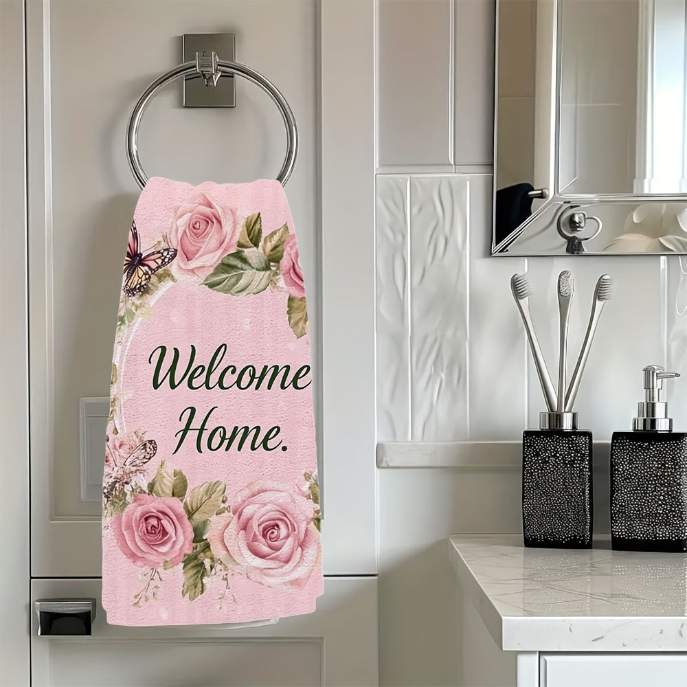 Set of 2 Ultra Soft Kitchen Towels - "Welcome HOME" Pink Design featuring Roses & Butterflies, Exceptionally Absorbent & Easy to Clean Dish Hand Towels, Perfect for Holiday Decor, Size: 40.64x60.96 cm, Dish Towels