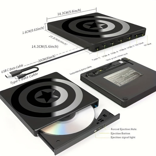 Multifunctional USB & TYPE-C external portable DVD burner drive that can read and burn CD, DVD, and VCD. Supports all systems, plug and play for desktops, laptops, and more.