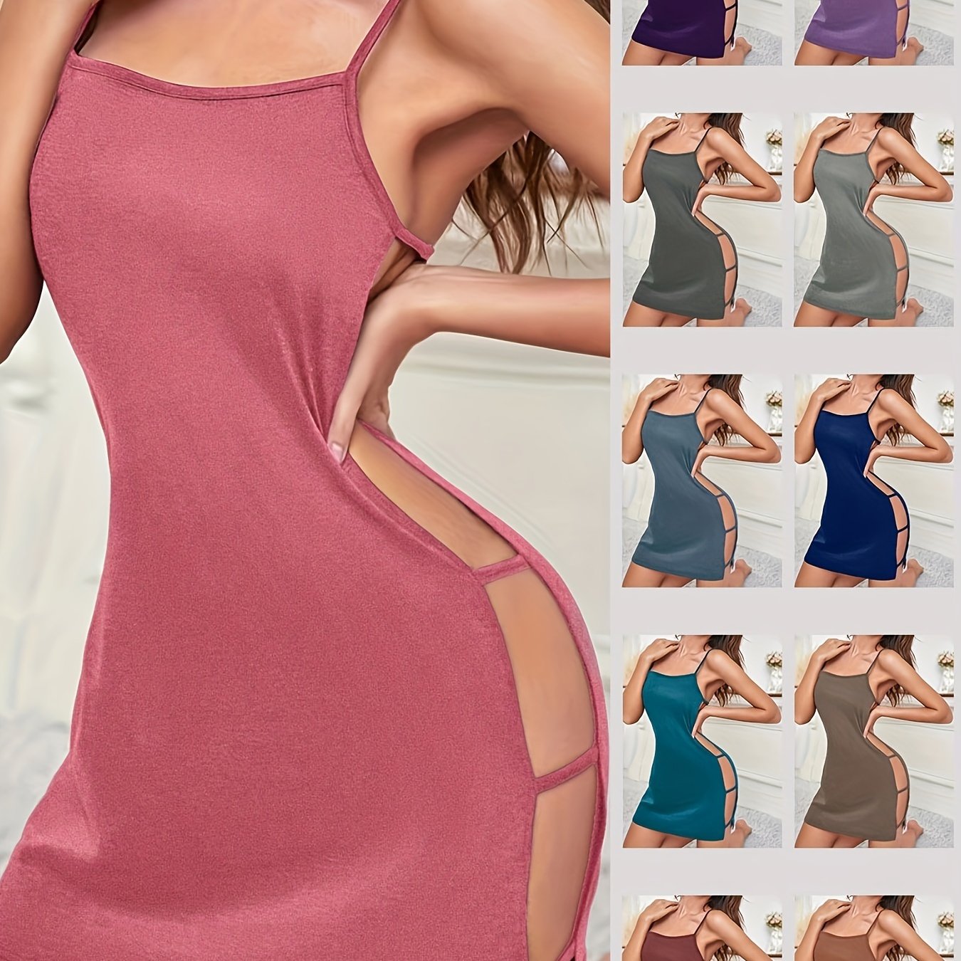 Seductive nightgown with backless round neck and side cutouts, perfect for women's sleepwear.