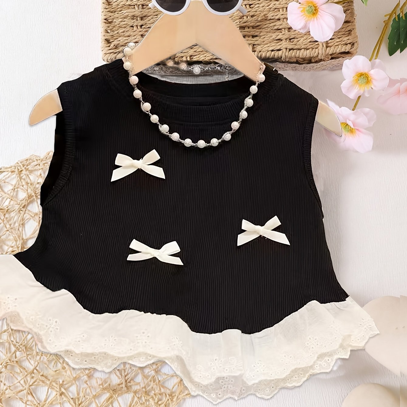 Girls' summer camisole with lace trim, bow decoration, ruffle hem, and sweet top design.