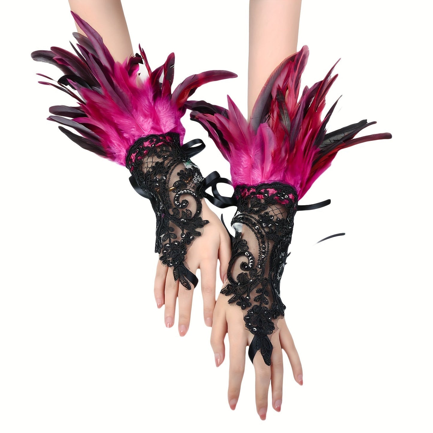 Chic Gothic-inspired gloves with faux feathers, monochrome lace, sequins, and lace-up hooks. Perfect for Halloween parties or dressing up your wrists.