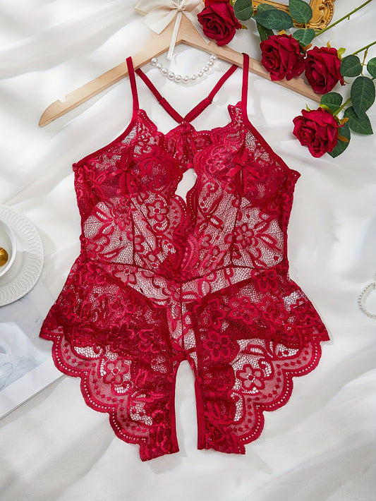 Seductive lace bodysuit with easy access crotch opening and sparkling love buckle.