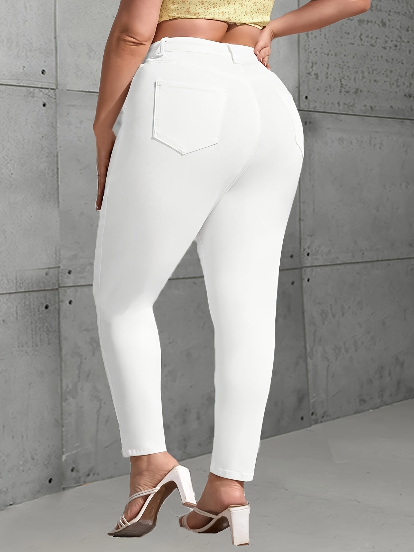 Plus Size Elegant White Skinny Jeans for Women - High-Waisted, Stretch Blend, Slim Fit Ankle-Length with Button Detail, Non-Transparent, All-Season Wear.