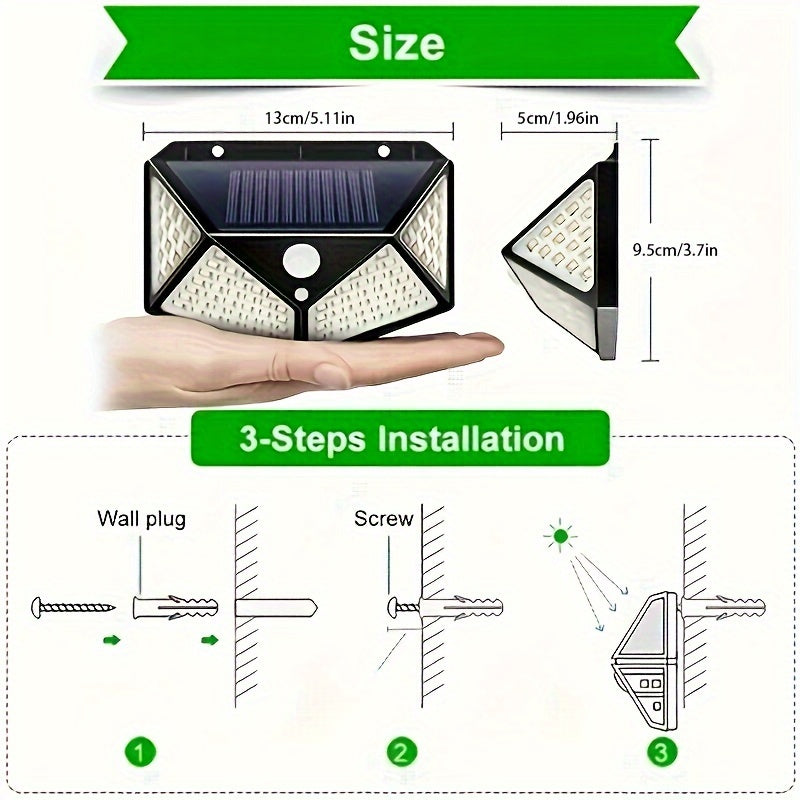 6 pieces of outdoor solar wall lights with 100 LED bulbs, featuring human body sensing technology for garden lighting.