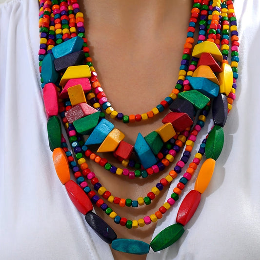 [Top Pick] Vintage Bohemian Colorful Wood Layered Necklace - Stylish, Casual Jewelry for Women and Teen Girls