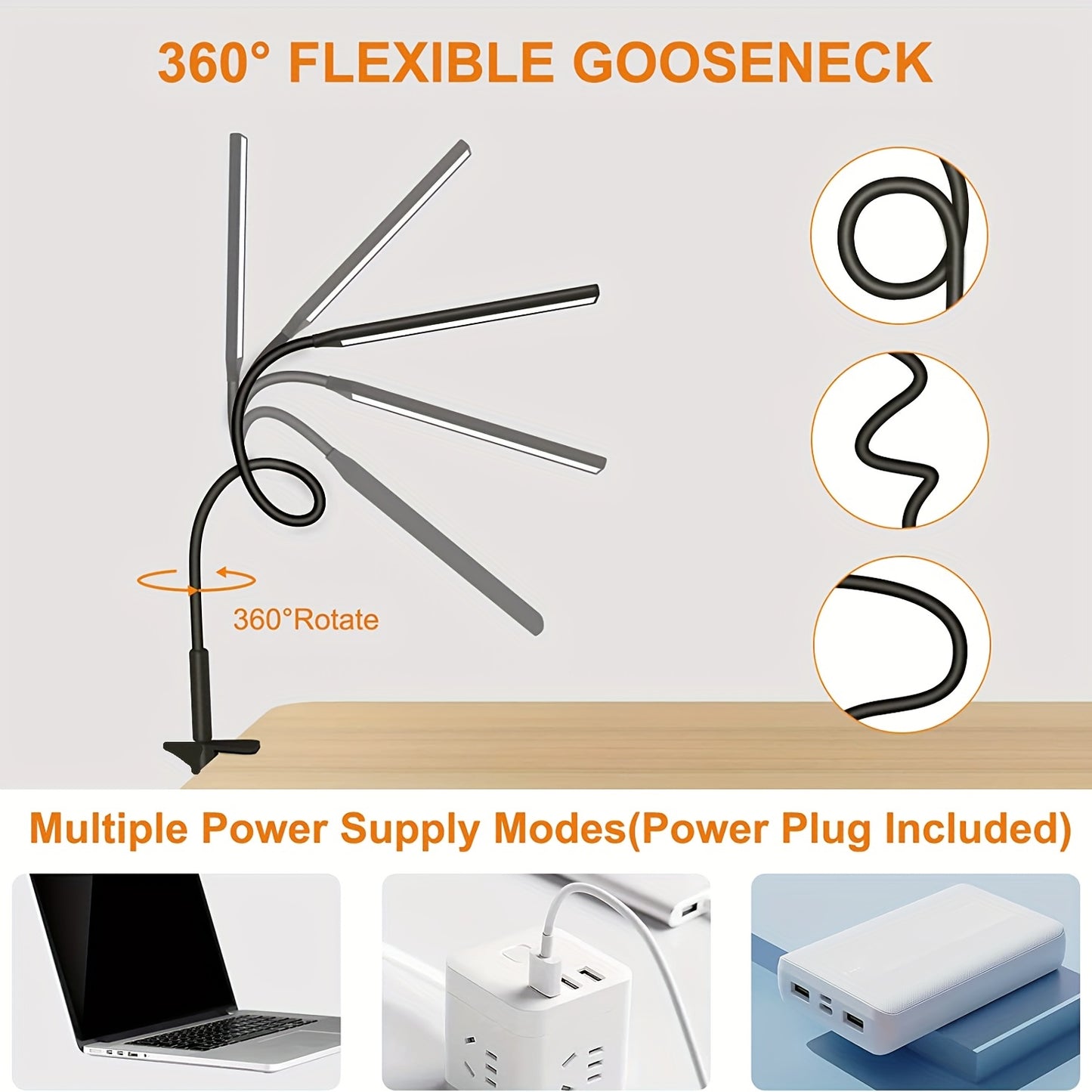 LED swing arm table lamp with clamp and flexible gooseneck design. Eye-caring architect desk light with USB power cord and switch. Functional desk lamp for home office in black or white