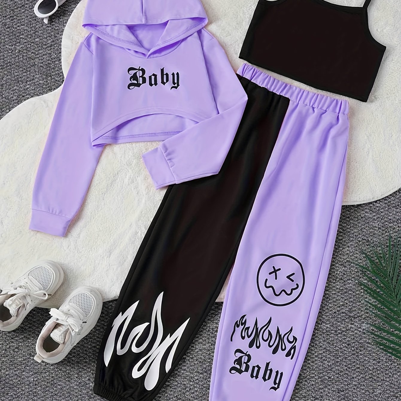 3-piece casual outfit set includes a blue hoodie, black tank top, and face print pants with white sneakers, made of stretchy polyester fabric; perfect for spring/summer/fall wear and