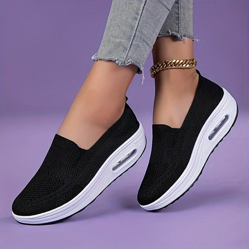 Women's slip-on sneakers from the Spring Collection in solid colors of black, light gray, pink, and dark blue. Features breathable knit fabric, air cushion sole, and low-top design for