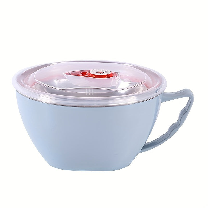 Durable stainless steel noodle bowl with lid and handle, ideal for rice, soup, and instant noodles, rust-resistant.