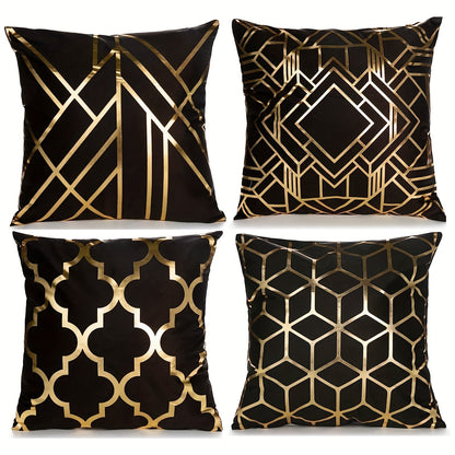 4 golden foil geometric throw pillow covers for decorating your home, room, bedroom, living room, car, or sofa.