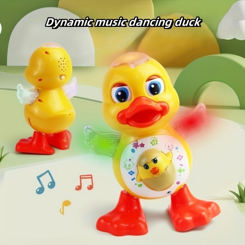 Electric Dancing Duck Toy features blinking lights, music, and adorable cartoon design – a fun interactive toy for kids, powered by batteries (not included). Makes a great gift for Christmas, Halloween, and any holiday season. Perfect for young children.