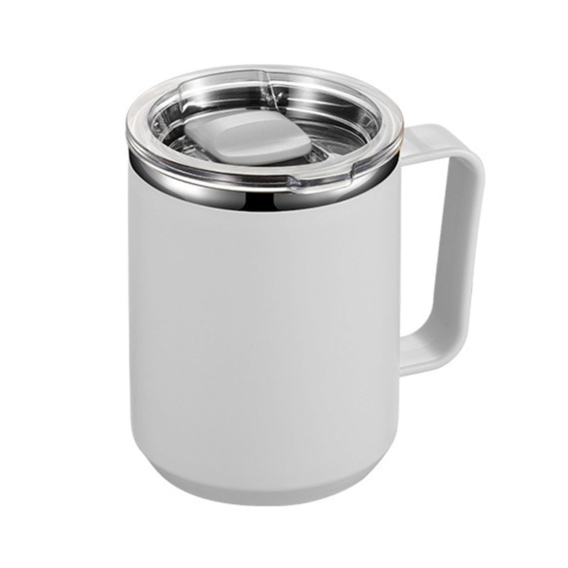 Insulated stainless steel coffee mug with handle and lid for office, outdoor, and school use.