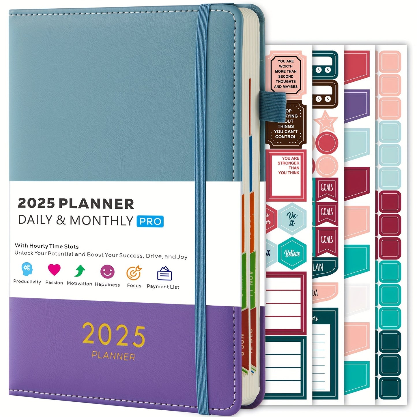 2025 Daily & Monthly Planner with Hourly Slots, Hardcover Leather, English, Includes 4 Planning Sheets, 12 Monthly Tabs, Productivity Tool