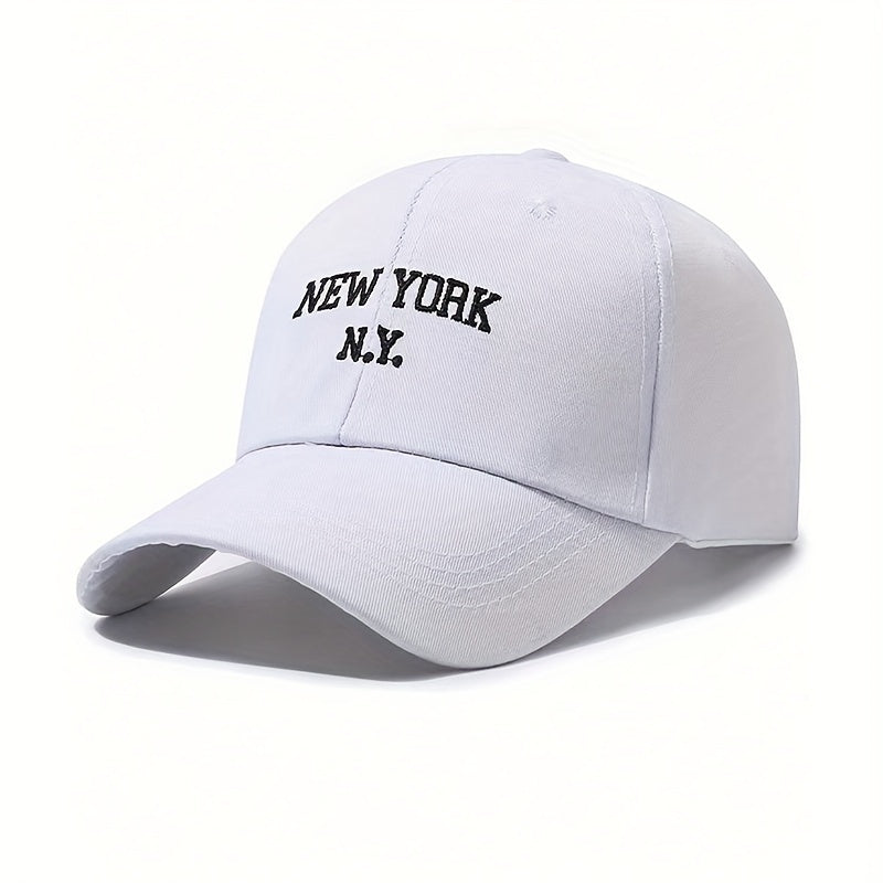 New York embroidered baseball cap with adjustable snapback for sun protection in black with white NYC lettering. Suitable for outdoor sports, unisex, and made of polyester blend.