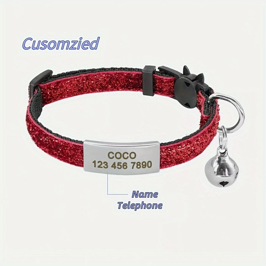 Personalized cat collar with bell, custom engraved ID tag, adjustable anti-suffocation design, suitable for kittens and puppies.