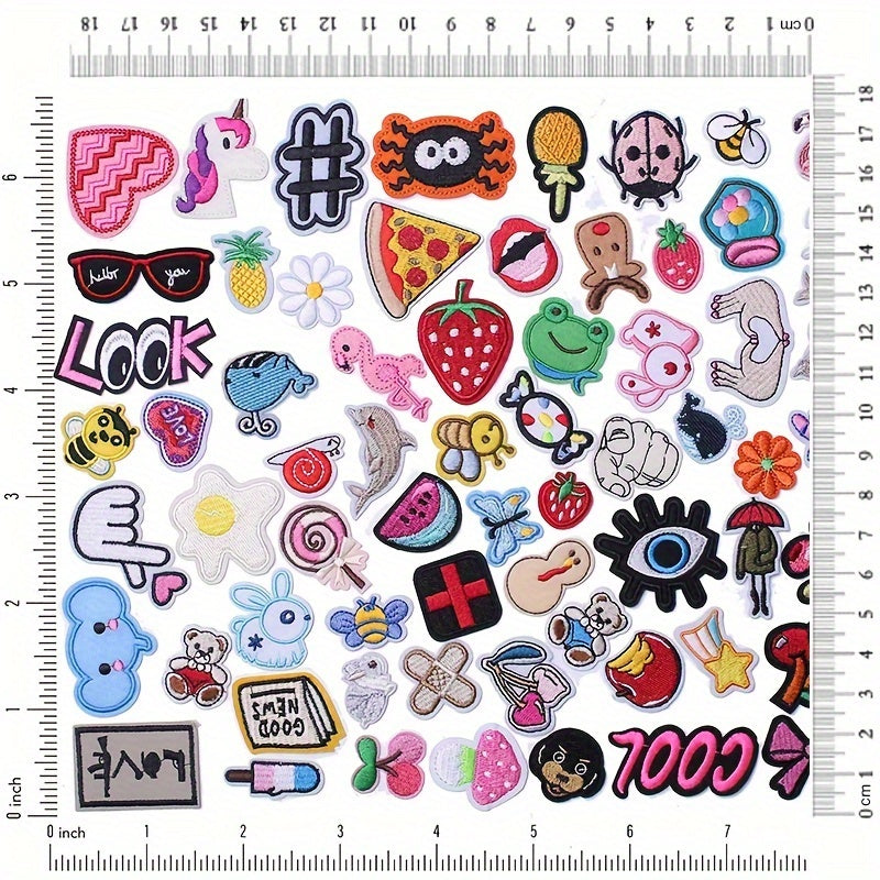 A set of 70 adorable iron-on patches by J.CARP, perfect for embellishing jackets, dresses, hats, backpacks, and jeans. Get creative and add a unique touch to your fashion accessories with these versatile decorative appliques.